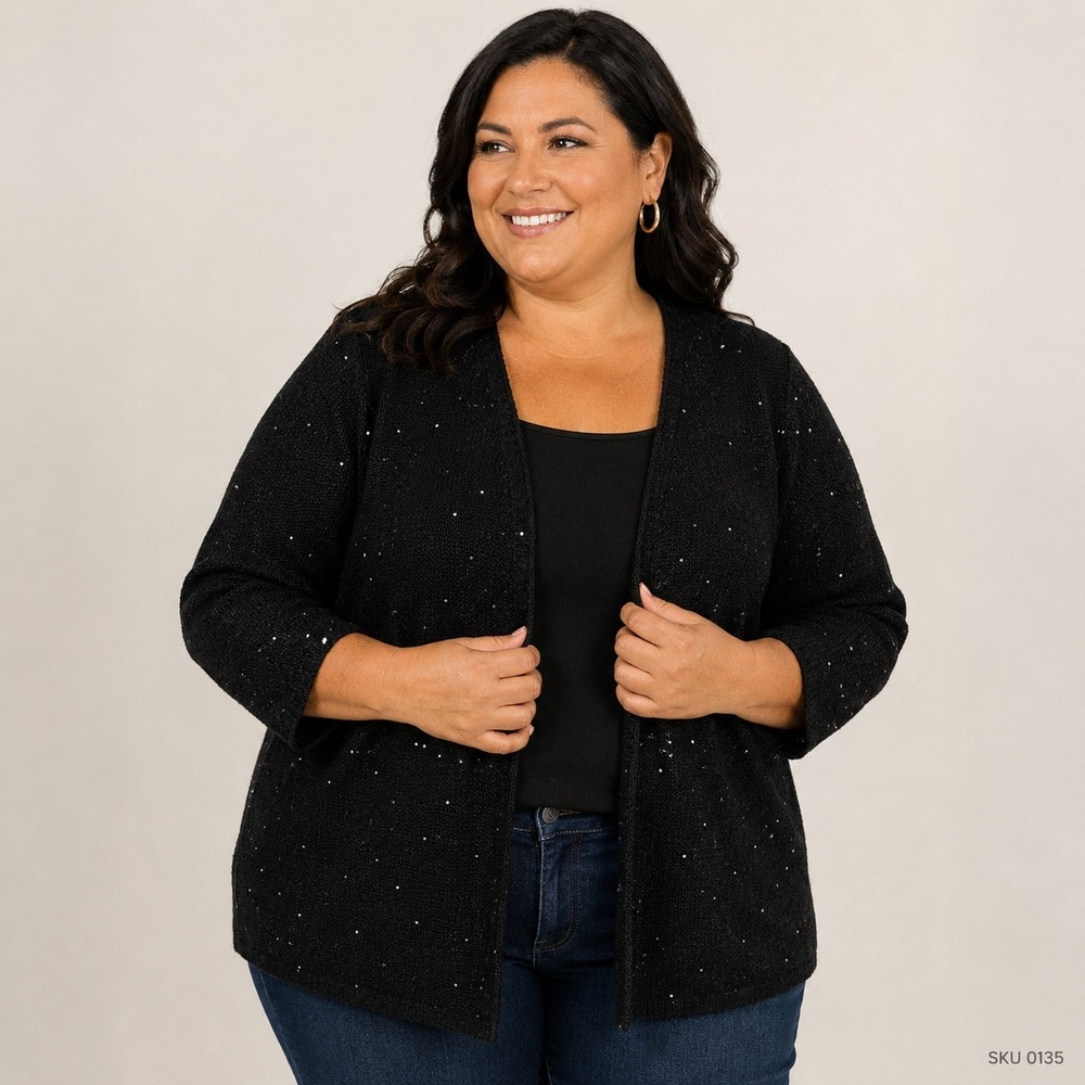 JM Collection Brilliant Chic Black Sequin Open Front Cardigan Plus Size 3X NEW